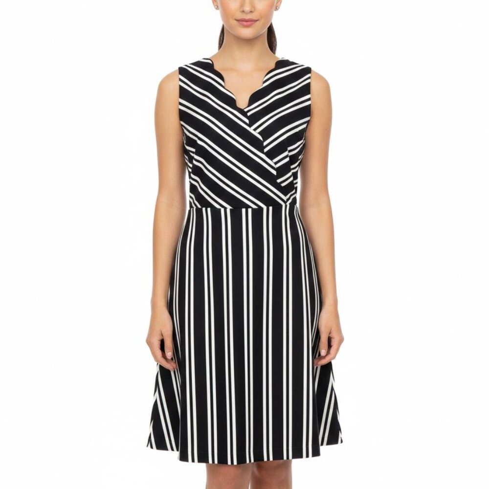 ELLE Black & White Striped Scalloped Fit & Flare Dress - Size 14